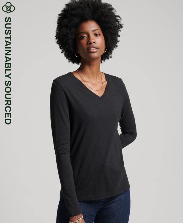 Superdry femmes haut col v poche manches longues en coton bio D64Z6562 vêtements noir