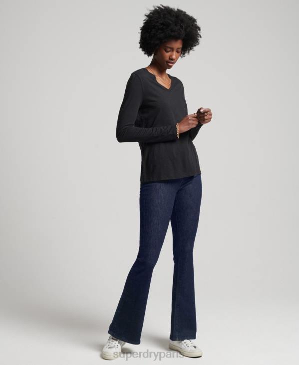 Superdry femmes haut col v poche manches longues en coton bio D64Z6562 vêtements noir