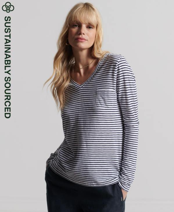 Superdry femmes haut col v poche manches longues en coton bio D64Z6570 vêtements marine