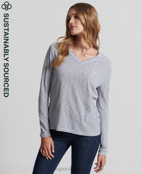 Superdry femmes haut col v poche manches longues en coton bio D64Z6583 vêtements blanc