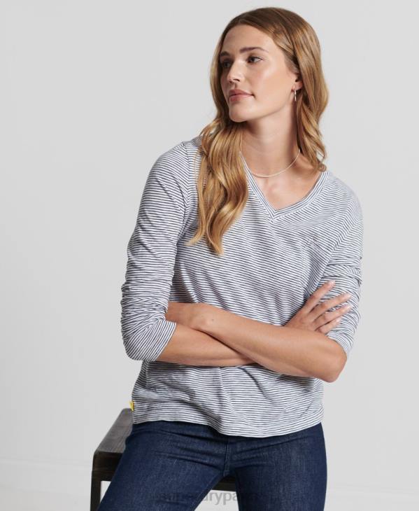 Superdry femmes haut col v poche manches longues en coton bio D64Z6583 vêtements blanc