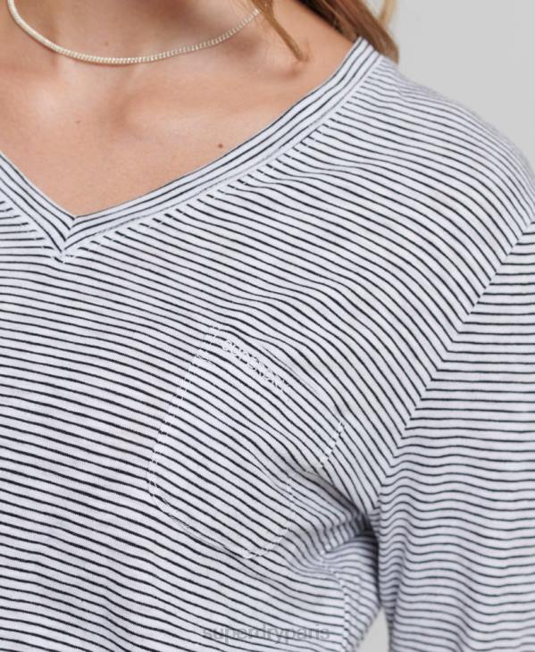 Superdry femmes haut col v poche manches longues en coton bio D64Z6583 vêtements blanc