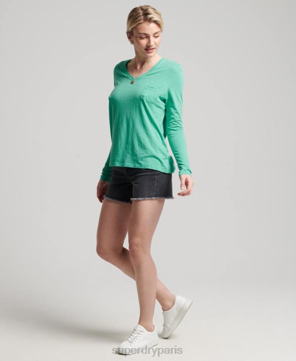 Superdry femmes haut col v poche manches longues en coton bio D64Z6595 vêtements bleu clair