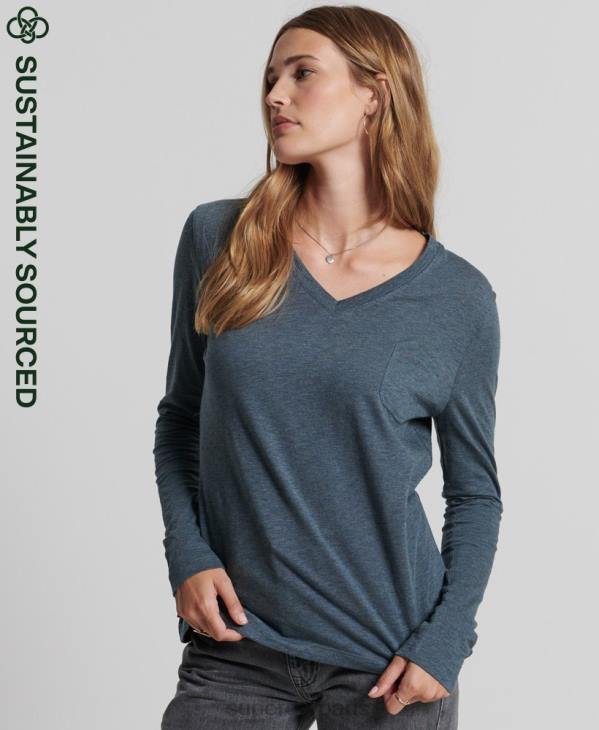 Superdry femmes haut col v poche manches longues en coton bio D64Z6645 vêtements bleu