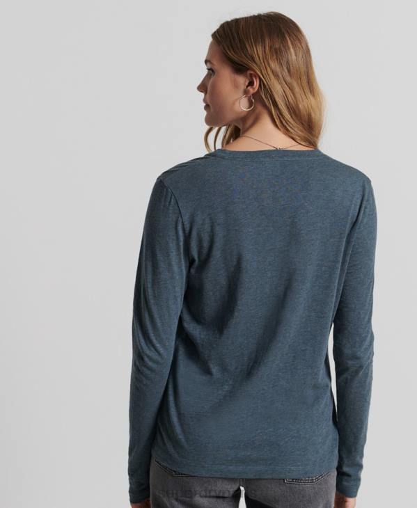 Superdry femmes haut col v poche manches longues en coton bio D64Z6645 vêtements bleu