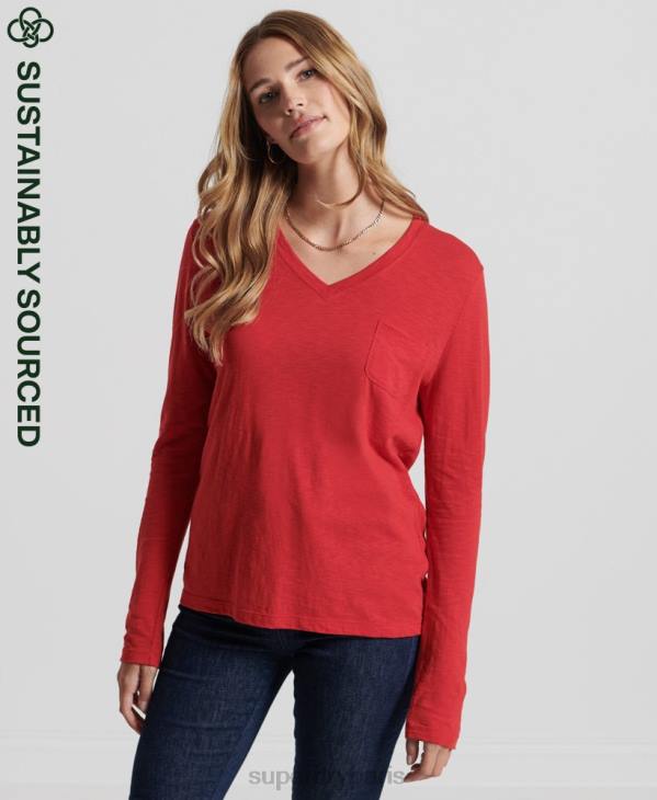 Superdry femmes haut col v poche manches longues en coton bio D64Z6660 vêtements rouge