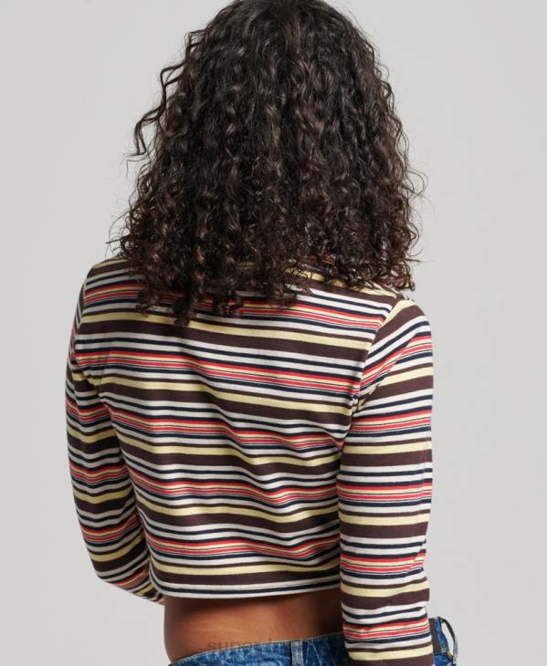 Superdry femmes haut court à manches longues en coton bio à rayures vintage D64Z2948 vêtements brun