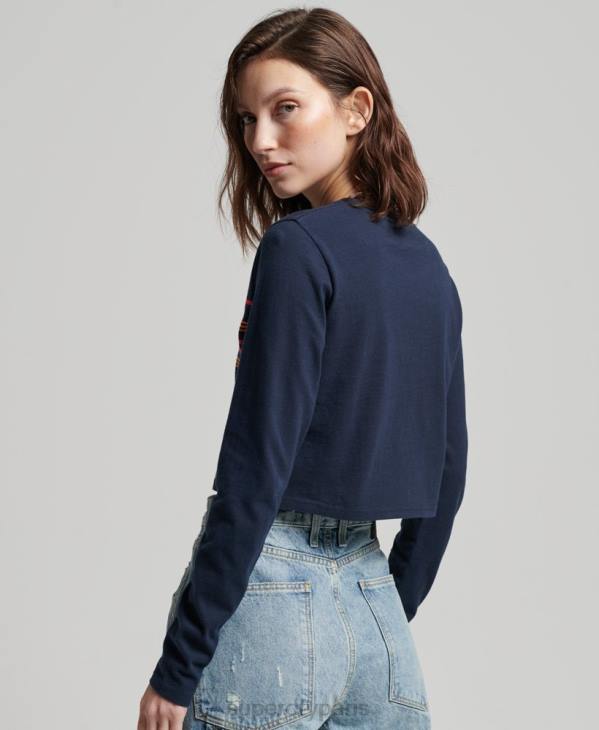 Superdry femmes haut court à manches longues en coton bio à rayures vintage D64Z2970 vêtements marine