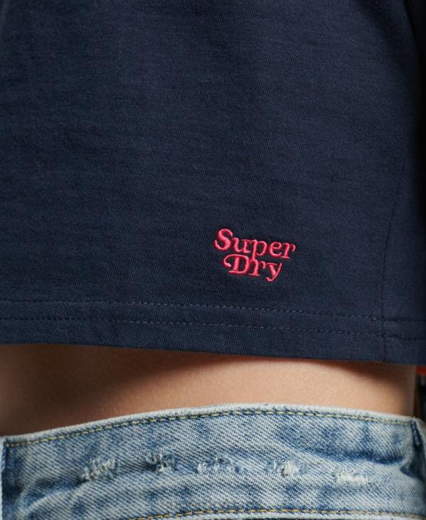 Superdry femmes haut court à manches longues en coton bio à rayures vintage D64Z2970 vêtements marine