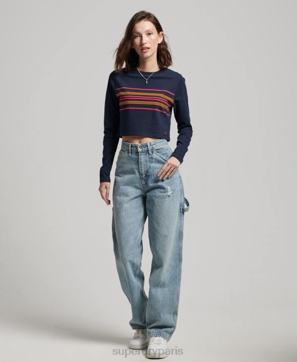 Superdry femmes haut court à manches longues en coton bio à rayures vintage D64Z2970 vêtements marine