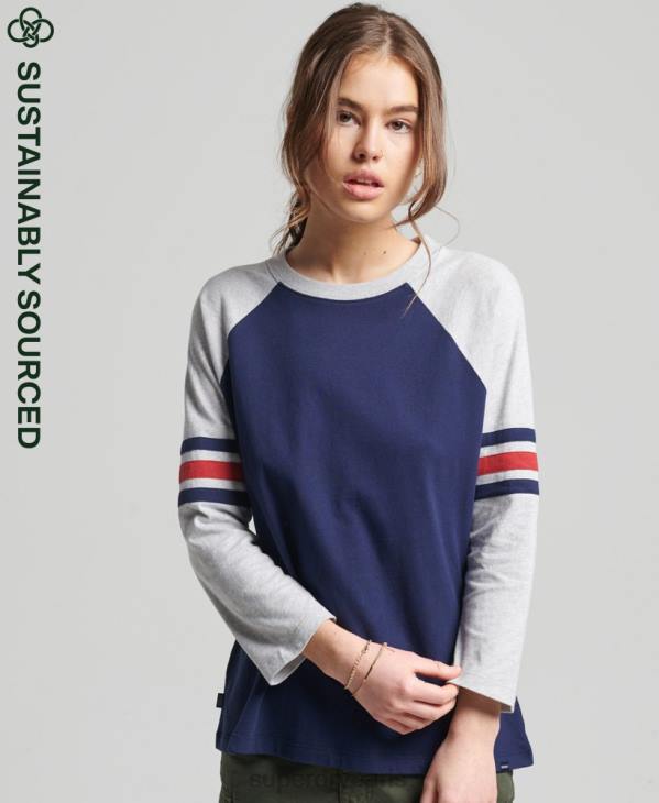 Superdry femmes haut de baseball vintage à manches mi-longues en coton bio D64Z6575 vêtements marine