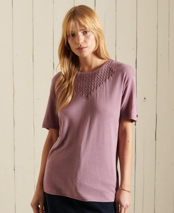Superdry femmes haut en jersey de dentelle à chevrons et manches courtes D64Z2743 vêtements violet