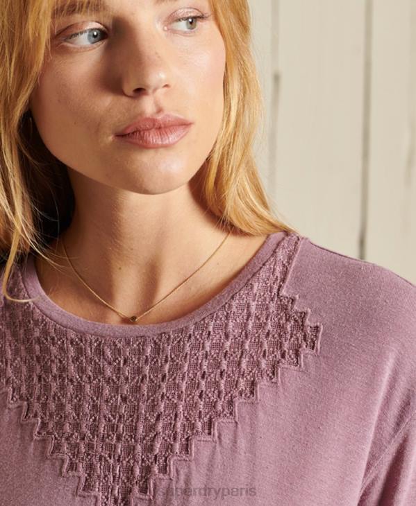 Superdry femmes haut en jersey de dentelle à chevrons et manches courtes D64Z2743 vêtements violet