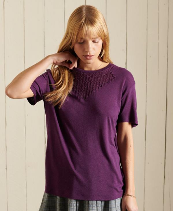 Superdry femmes haut en jersey de dentelle à chevrons et manches courtes D64Z2746 vêtements violet