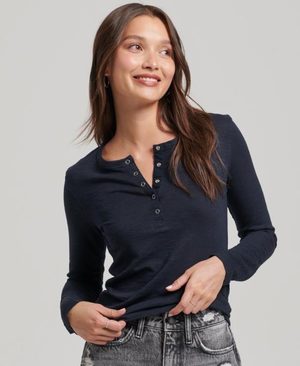 Superdry femmes haut henley en jersey flammé à manches longues D64Z2869 vêtements marine