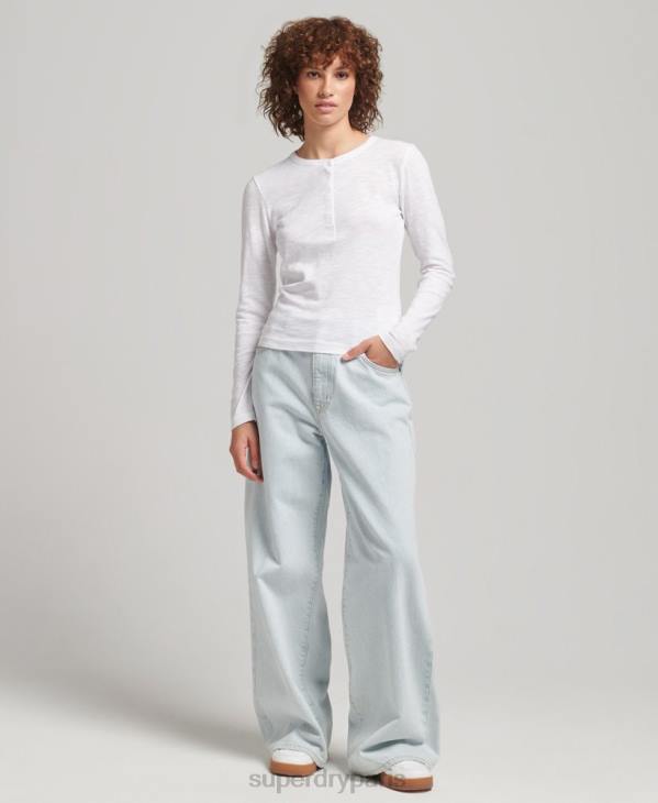 Superdry femmes haut henley en jersey flammé à manches longues D64Z3001 vêtements blanc