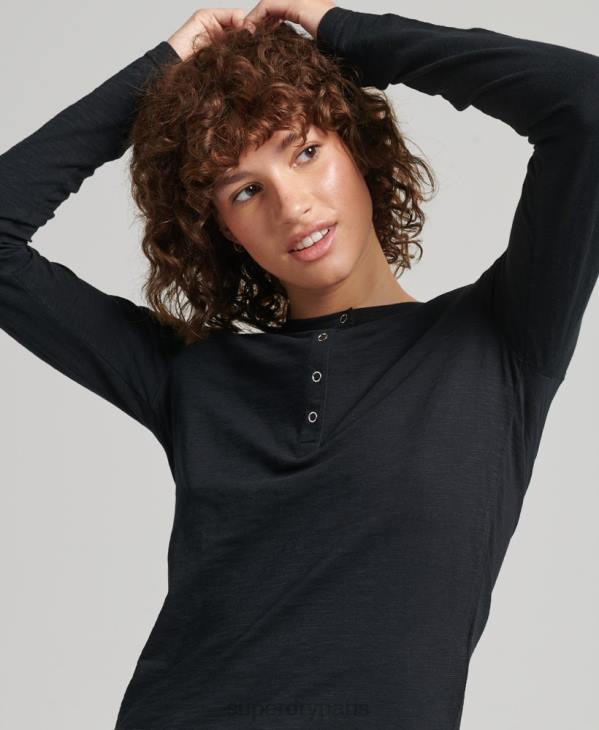 Superdry femmes haut henley en jersey flammé à manches longues D64Z3037 vêtements noir