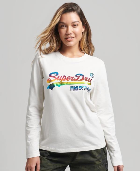Superdry femmes haut à manches longues arc-en-ciel à logo vintage D64Z3070 vêtements blanc