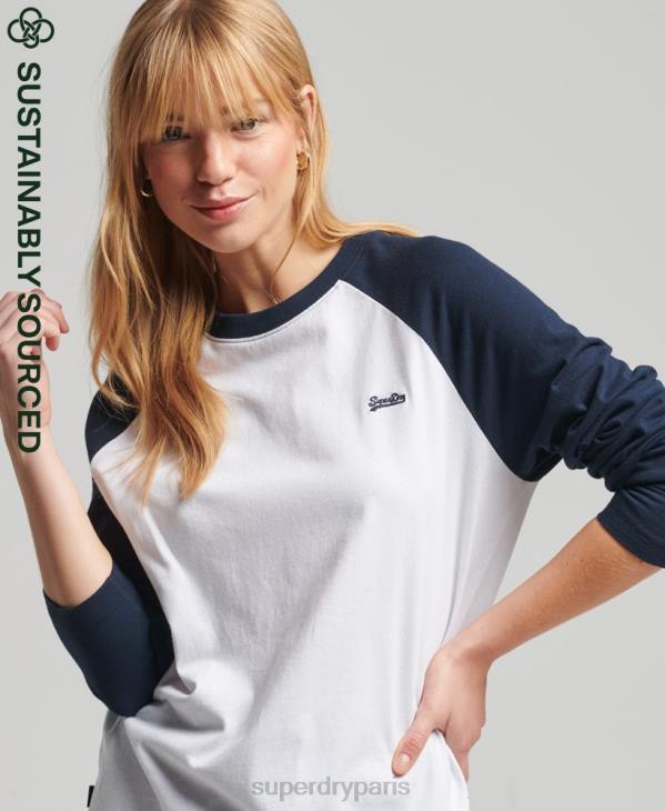 Superdry femmes haut à manches longues baseball vintage en coton bio D64Z6628 vêtements blanc