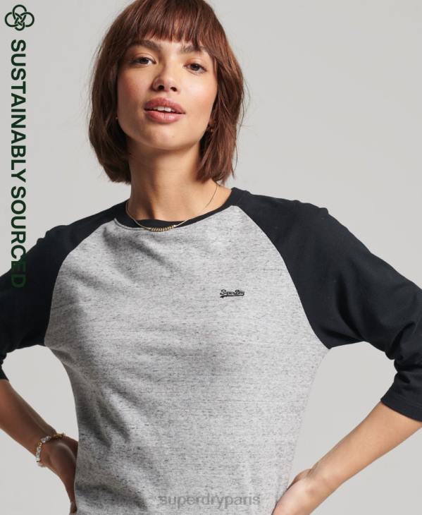 Superdry femmes haut à manches longues baseball vintage en coton bio D64Z6643 vêtements gris foncé