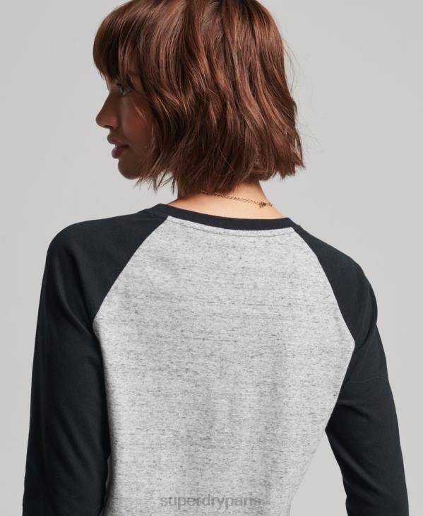 Superdry femmes haut à manches longues baseball vintage en coton bio D64Z6643 vêtements gris foncé