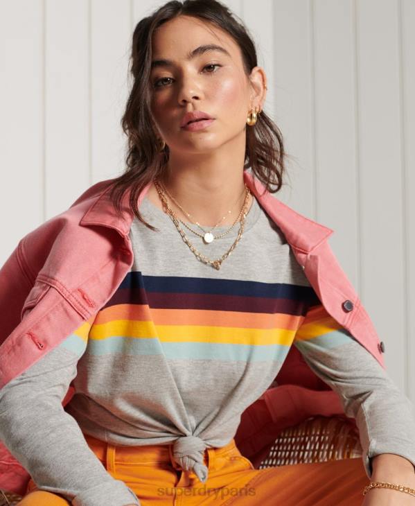 Superdry femmes haut à manches longues en coton biologique à rayures cali D64Z6781 vêtements gris clair