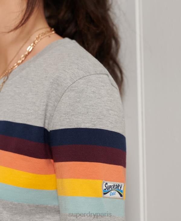 Superdry femmes haut à manches longues en coton biologique à rayures cali D64Z6781 vêtements gris clair