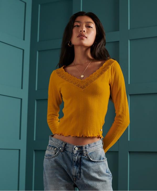 Superdry femmes haut à manches longues en dentelle pointelle D64Z3034 vêtements jaune