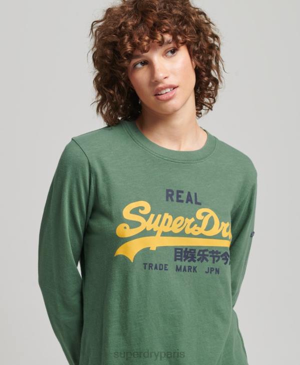 Superdry femmes haut à manches longues et logo vintage D64Z3045 vêtements vert