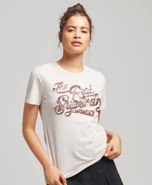 Superdry femmes le vrai t-shirt d'entrée de sequins D64Z2796 vêtements beige