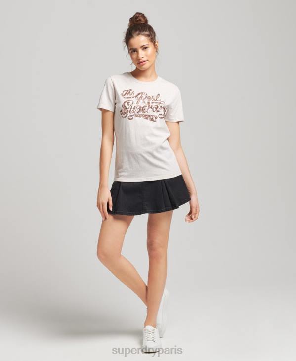 Superdry femmes le vrai t-shirt d'entrée de sequins D64Z2796 vêtements beige