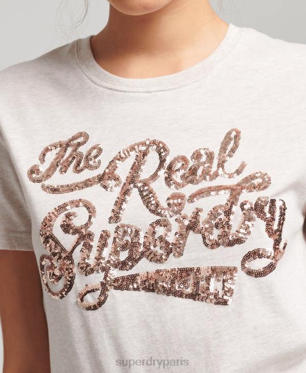 Superdry femmes le vrai t-shirt d'entrée de sequins D64Z2796 vêtements beige