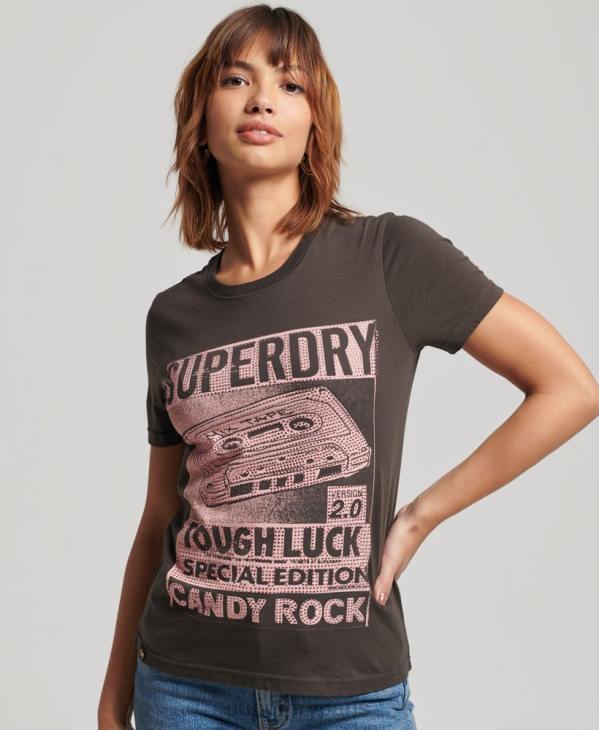 Superdry femmes t-shirt affiche lo-fi D64Z2658 vêtements gris foncé