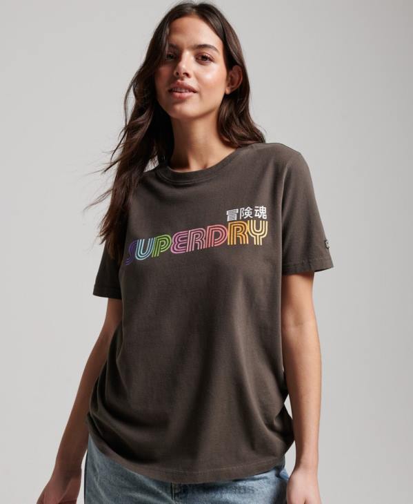 Superdry femmes t-shirt arc-en-ciel rétro vintage D64Z2683 vêtements gris foncé