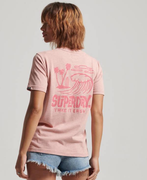 Superdry femmes t-shirt autocollant de voyage vintage D64Z2840 vêtements rose