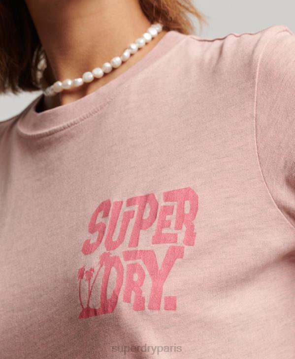 Superdry femmes t-shirt autocollant de voyage vintage D64Z2840 vêtements rose