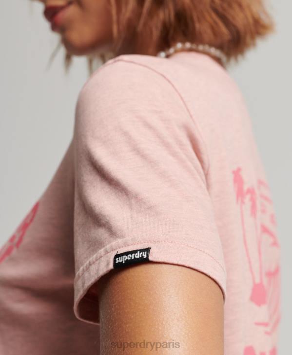 Superdry femmes t-shirt autocollant de voyage vintage D64Z2840 vêtements rose