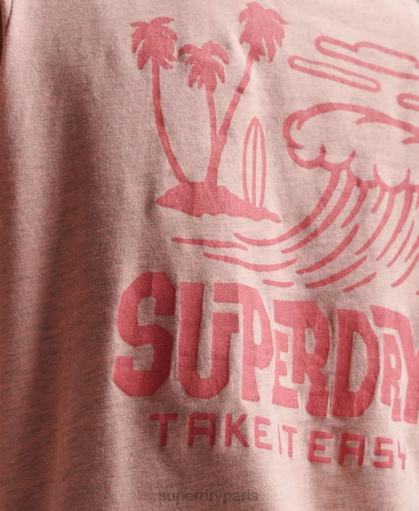 Superdry femmes t-shirt autocollant de voyage vintage D64Z2840 vêtements rose