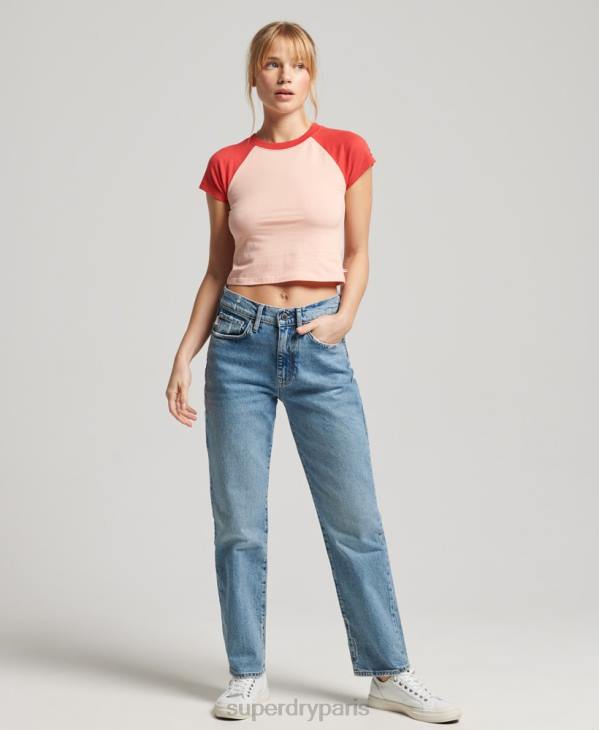 Superdry femmes t-shirt baseball vintage en coton biologique minuscule D64Z6232 vêtements rose
