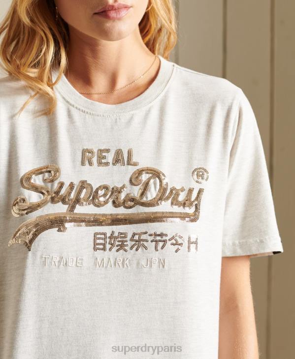 Superdry femmes t-shirt bohème scintillant à logo vintage D64Z6774 vêtements beige