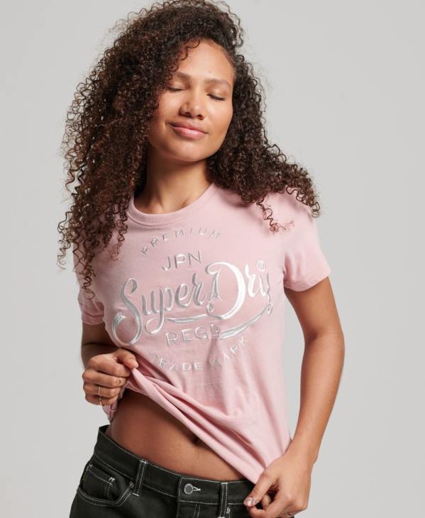 Superdry femmes t-shirt brodé de script premium D64Z6307 vêtements rose