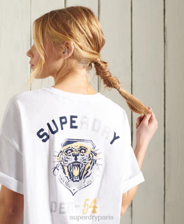 Superdry femmes t-shirt carré narratif militaire D64Z2860 vêtements blanc