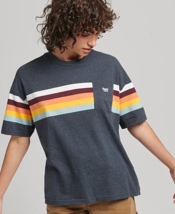 Superdry femmes t-shirt carré vintage à rayures cali D64Z2807 vêtements marine