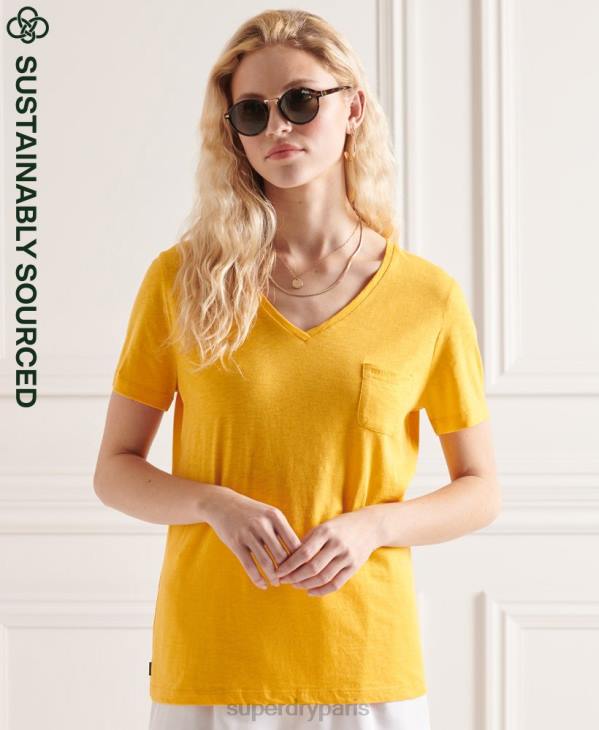 Superdry femmes t-shirt col v poche en coton bio D64Z2792 vêtements jaune