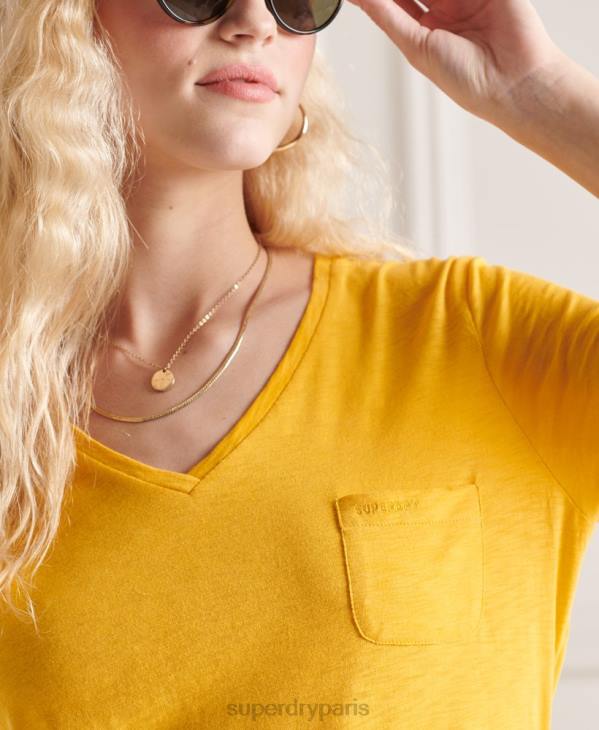 Superdry femmes t-shirt col v poche en coton bio D64Z2792 vêtements jaune