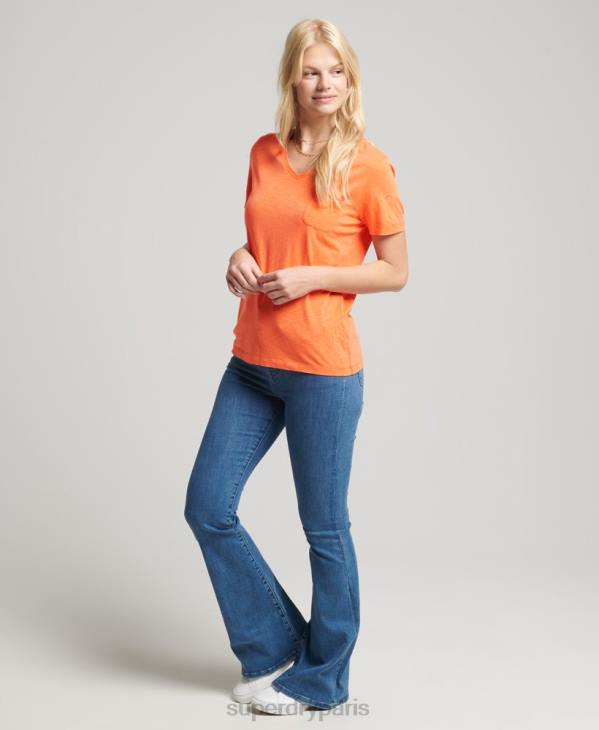 Superdry femmes t-shirt col v poche en coton bio D64Z2826 vêtements orange