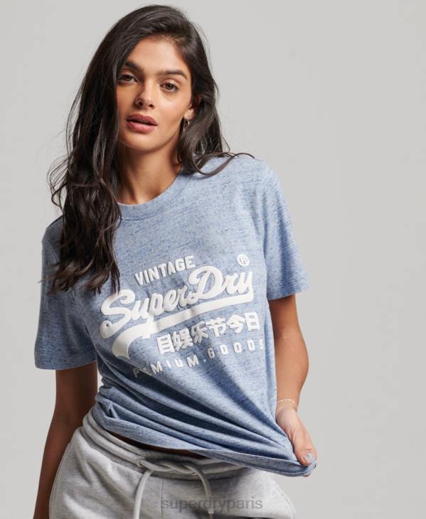 Superdry femmes t-shirt coll en coton biologique à logo vintage D64Z2619 vêtements bleu