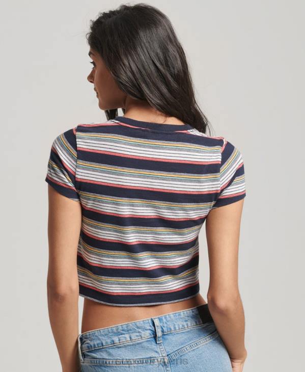 Superdry femmes t-shirt court à rayures vintage D64Z2686 vêtements marine