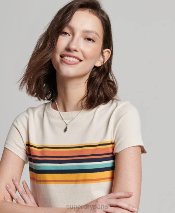 Superdry femmes t-shirt court à rayures vintage D64Z2705 vêtements crème