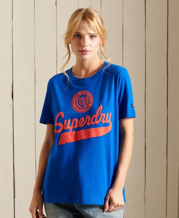 Superdry femmes t-shirt d'université de style script D64Z2779 vêtements bleu